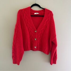 Mango Cherry Red Cropped Chunky Cable Knot Cardigan Sweater Size Large
